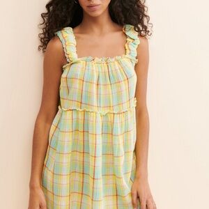 Anthropologie Ruffled Plaid Sundress in Pastel Yellow & Blue